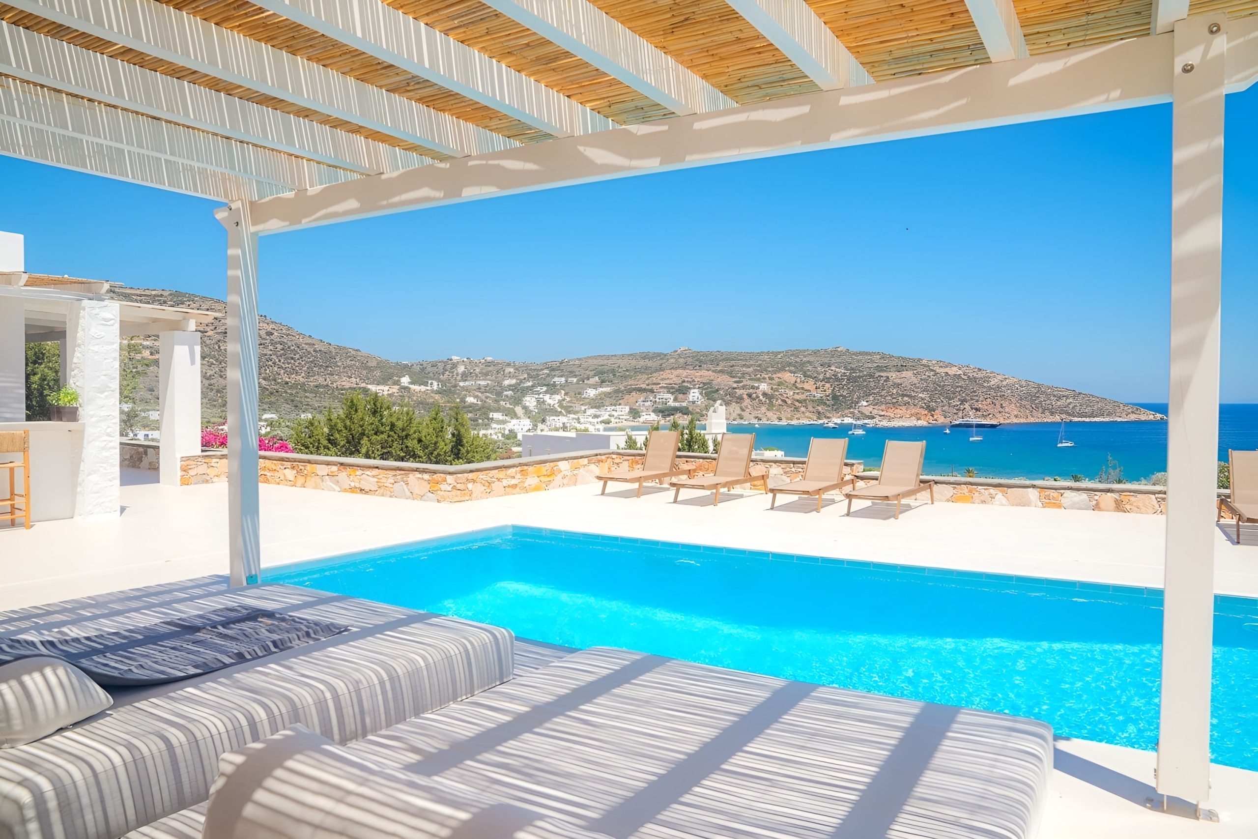 View from the pool cabana toward the Aegean at Villa Olivia Clara