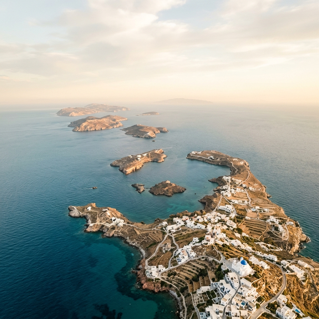 Aerial view of the Cyclades islands scattered across the turquoise Aegean Sea at golden hour.