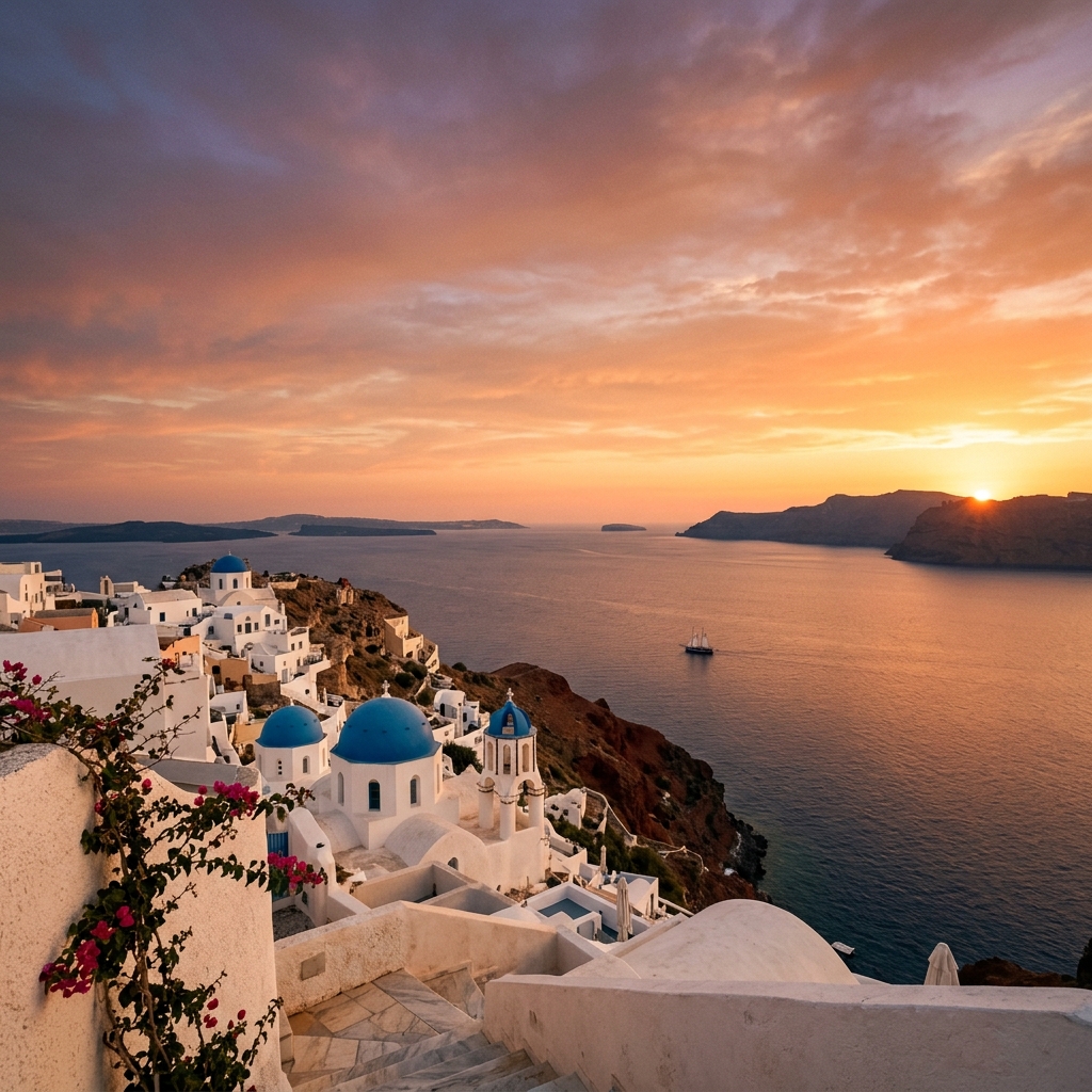 Blue-domed churches of Oia overlooking the Santorini caldera at sunset.