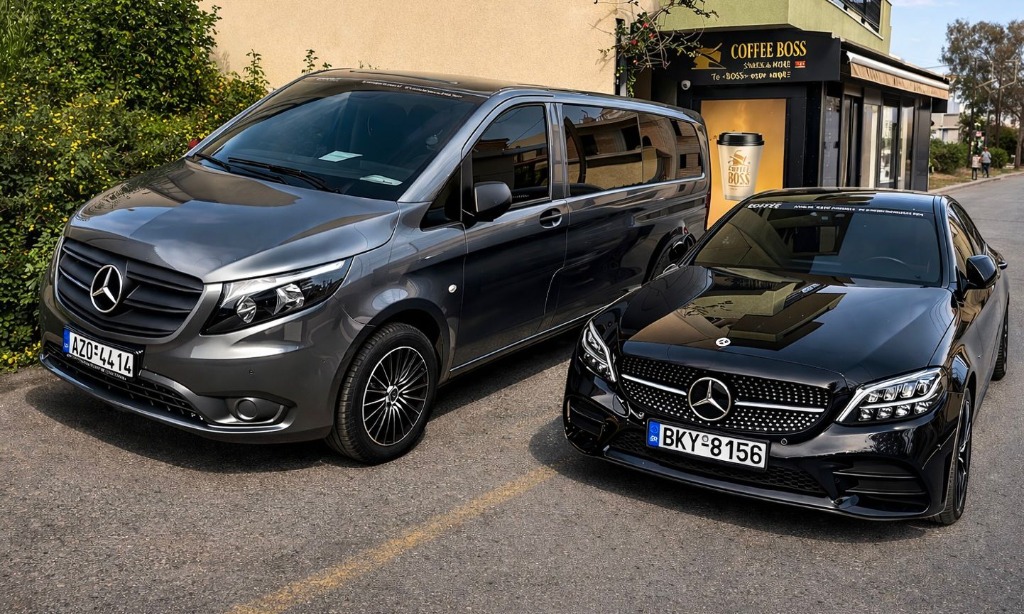 Kaffatos VIP Transfers Mercedes Van and Sedan vehicles in Rethymno