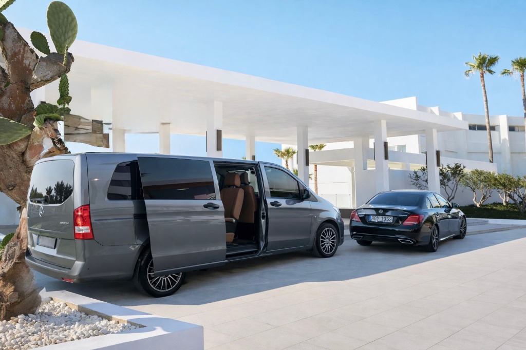 Kaffatos VIP Transfers Mercedes Van and Sedan at a luxury resort in Crete
